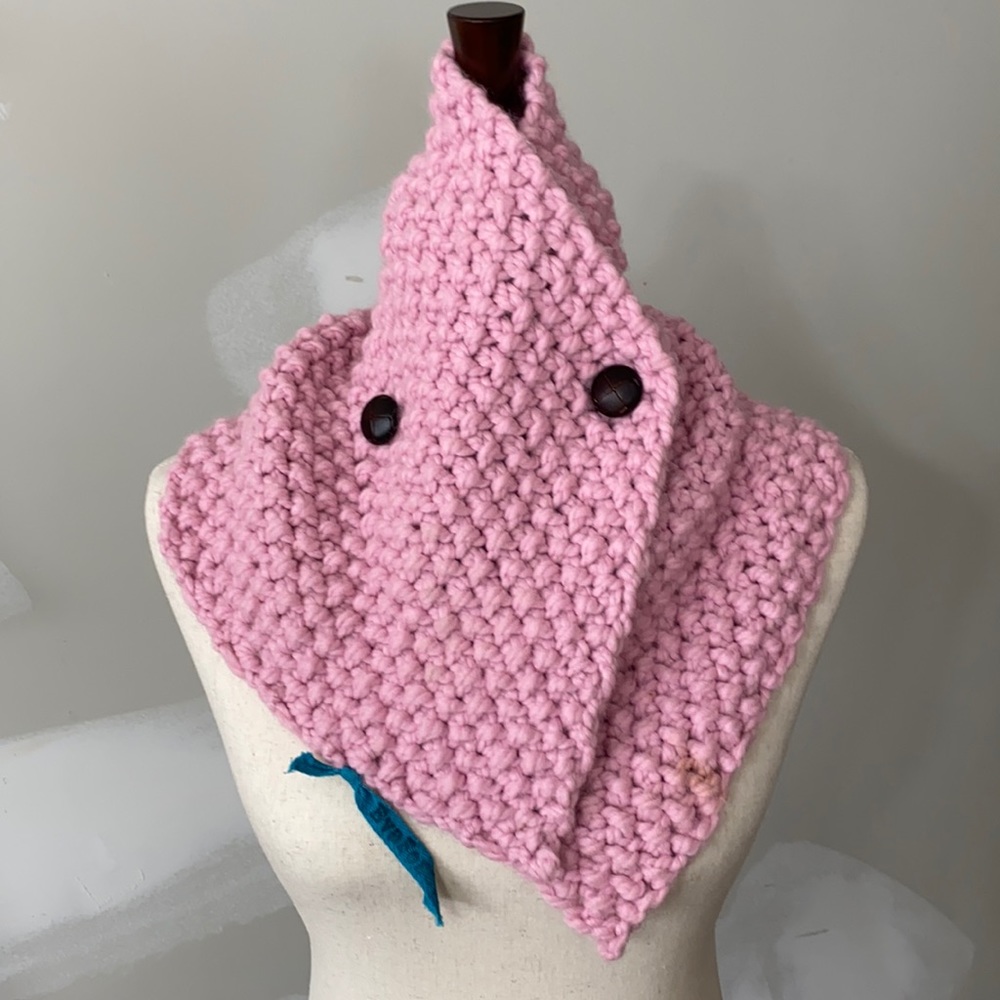 Chunky, Pink Hand-Knit, Buttoned Cowl Scarf
